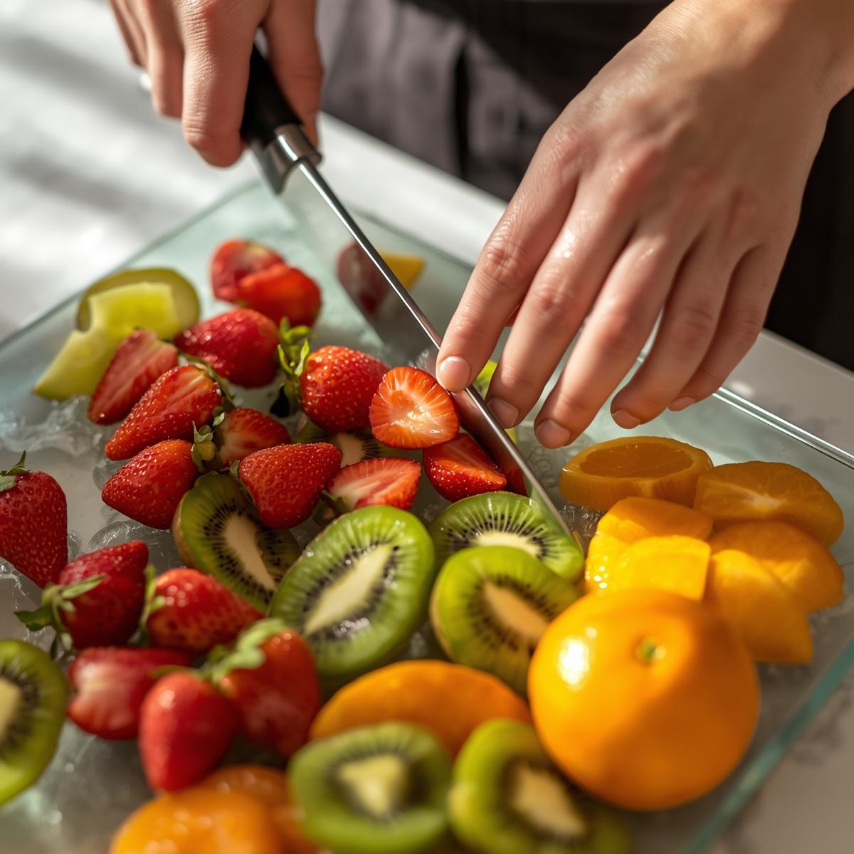 cutting fruit in glass with paking